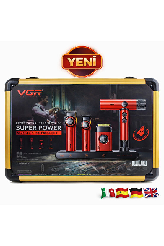 Combo 4lü Set Stepless Pro 4ü 1 Arada High-End Saç Kesme Makinesi Ve İyonize Fön Makinesi