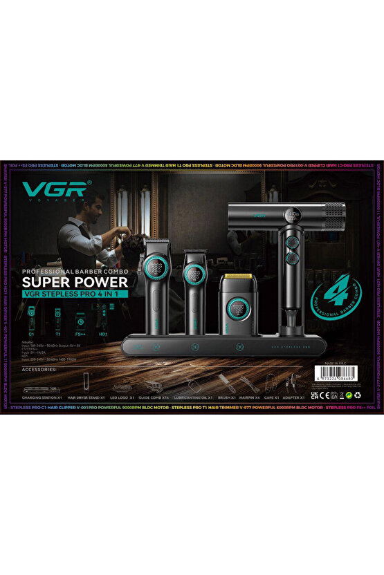 Combo 4lü Set Stepless Pro 4ü 1 Arada High-End Saç Kesme Makinesi Ve İyonize Fön Makinesi
