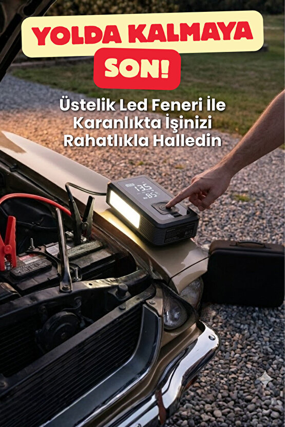Şarjlı Pompa, Starter Akü Takviyesi, Fener, Powerbank Özellikli, Taşınabilir Kompresör, Araç Pompası