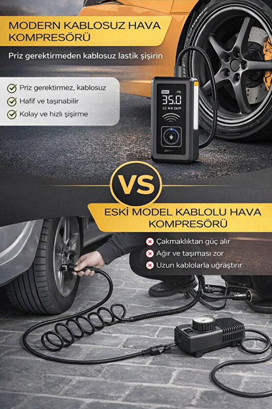 Şarjlı Pompa, Starter Akü Takviyesi, Fener, Powerbank Özellikli, Taşınabilir Kompresör, Araç Pompası