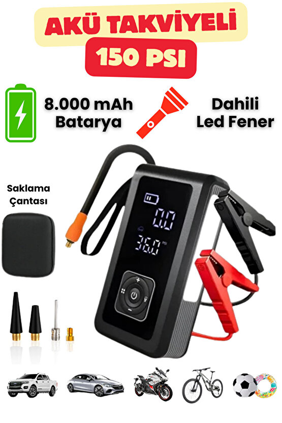 Şarjlı Pompa, Starter Akü Takviyesi, Fener, Powerbank Özellikli, Taşınabilir Kompresör, Araç Pompası