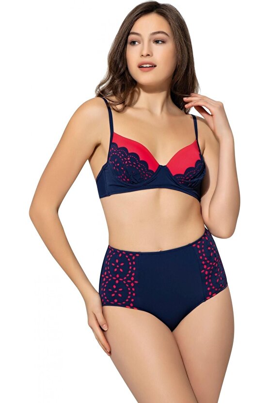 Çizgili Sütyen Kaplı Modelli Bikini 5023 Lacivert