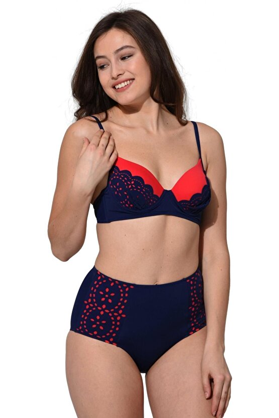 Çizgili Sütyen Kaplı Modelli Bikini 5023 Lacivert