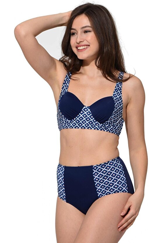 Straplez Yüksek Bel Desenli Bikini 5009 Lacivert