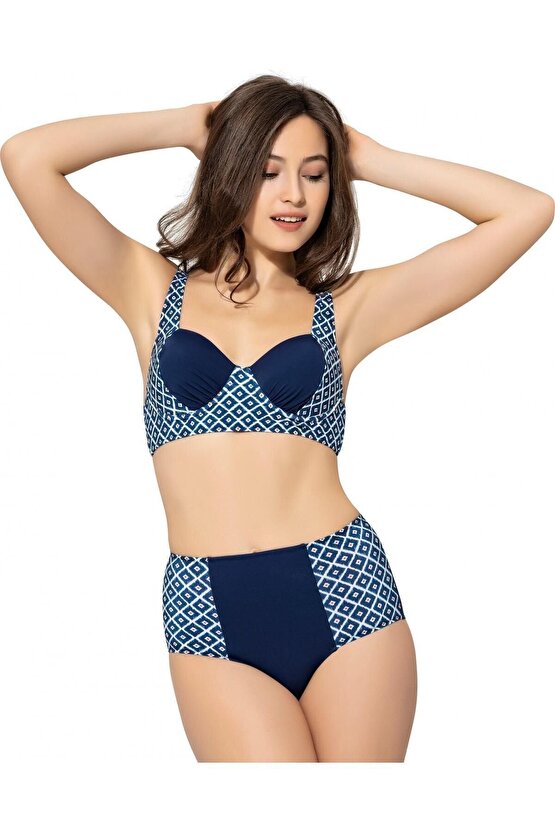 Straplez Yüksek Bel Desenli Bikini 5009 Lacivert