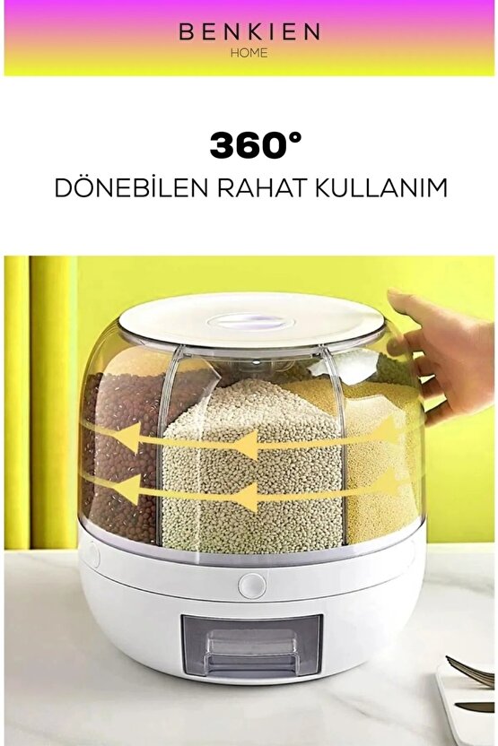 Kuru Gıda ve Bakliyat Organizeri 360° Dönebilen 6 Bölmeli Hava Geçirmez Saklama Kabı 3 lt