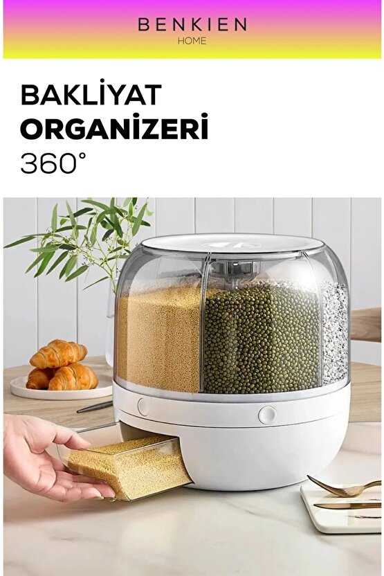 Kuru Gıda ve Bakliyat Organizeri 360° Dönebilen 6 Bölmeli Hava Geçirmez Saklama Kabı 3 lt
