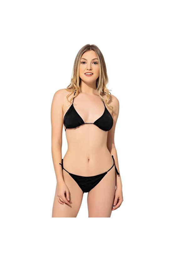 Düz Ipli Bağlı Üçgen Bikini 5026 Siyah