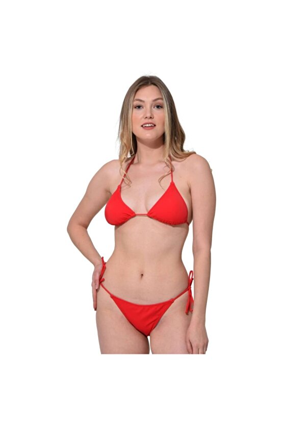 Düz Ipli Bağlı Üçgen Bikini 5026 Kırmızı