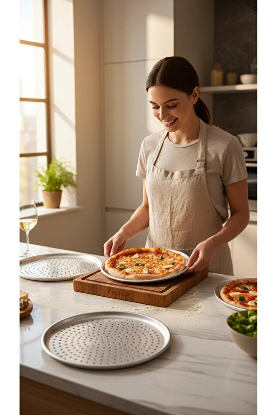 Paslanmaz Çelik Delikli Pizza Fırın Tepsisi Lahmacun Fırın Tepsisi 3lü Set 28 32 36 Cm