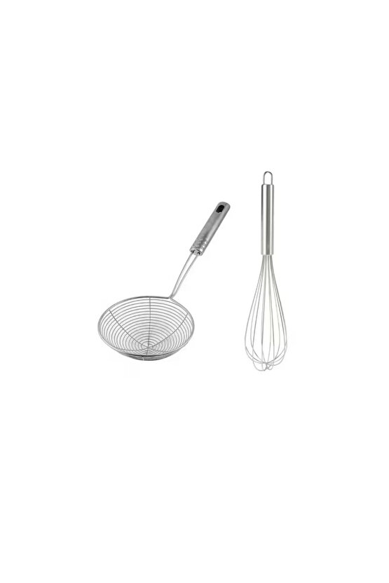 Metal Kevgir, Kızartma Haşlama Süzgeci ve El Çırpıcısı (Blender) 2li Set (Büyük Boy)