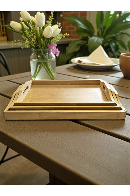 Dikdörtgen Bambu Tepsi 3lü Set