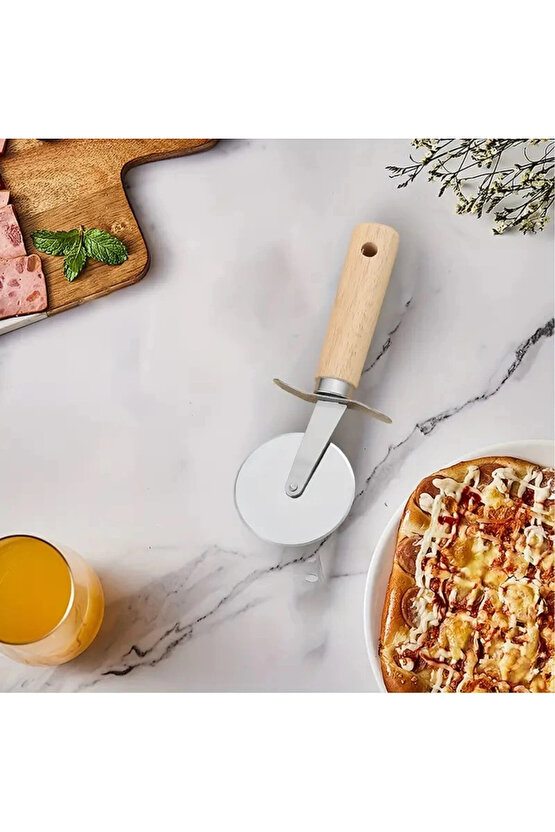 Paslanmaz Çelik Ahşap Saplı Pizza ve Hamur Kesici (Büyük Boy)