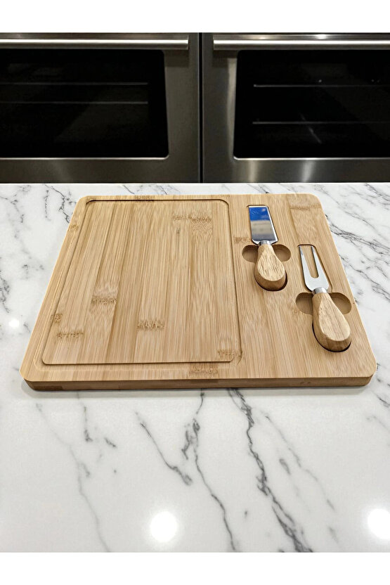 Doğal Bambu Bıçaklı Peynir Servis Sunum Tabağı Kahvaltı Sunum Tahtası Seti 3 Parça 30x25 Cm