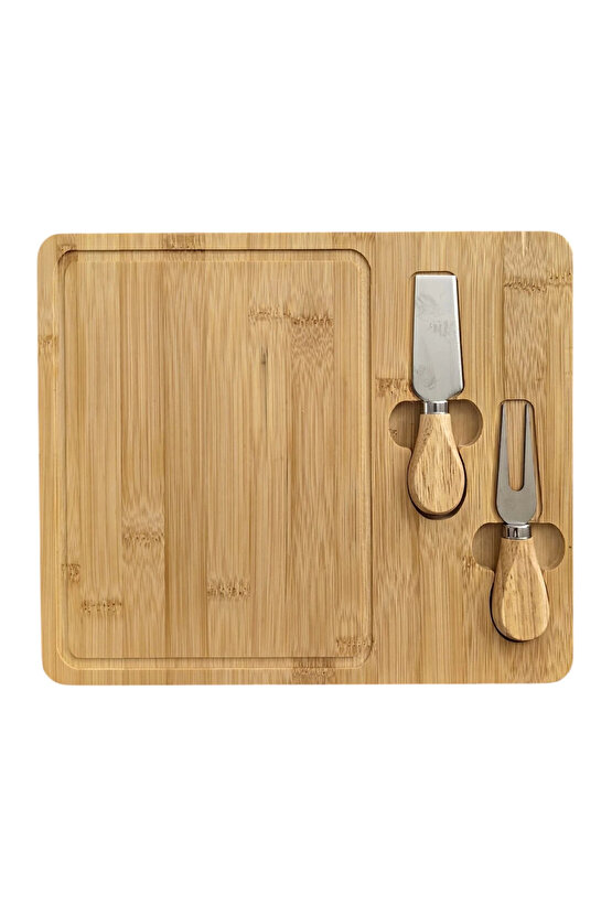 Doğal Bambu Bıçaklı Peynir Servis Sunum Tabağı Kahvaltı Sunum Tahtası Seti 3 Parça 30x25 Cm