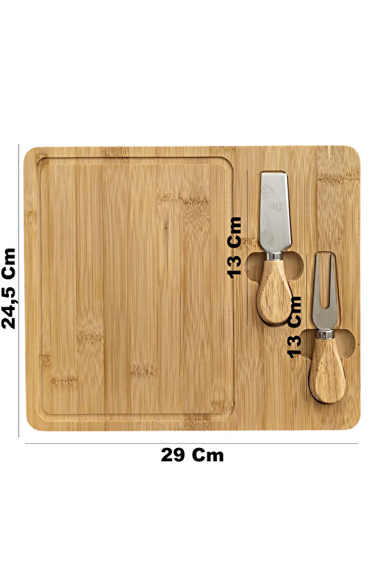 Doğal Bambu Bıçaklı Peynir Servis Sunum Tabağı Kahvaltı Sunum Tahtası Seti 3 Parça 30x25 Cm