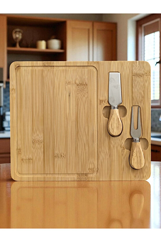 Doğal Bambu Bıçaklı Peynir Servis Sunum Tabağı Kahvaltı Sunum Tahtası Seti 3 Parça 30x25 Cm