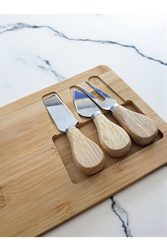Doğal Bambu Bıçaklı Peynir Servis Sunum Tabağı Kahvaltı Sunum Tahtası Seti 4 Parça 30x17 Cm
