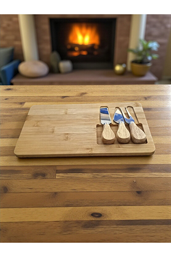 Doğal Bambu Bıçaklı Peynir Servis Sunum Tabağı Kahvaltı Sunum Tahtası Seti 4 Parça 30x17 Cm
