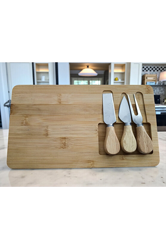 Doğal Bambu Bıçaklı Peynir Servis Sunum Tabağı Kahvaltı Sunum Tahtası Seti 4 Parça 30x17 Cm