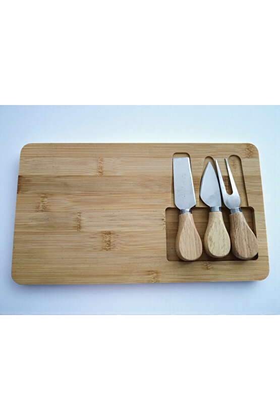 Doğal Bambu Bıçaklı Peynir Servis Sunum Tabağı Kahvaltı Sunum Tahtası Seti 4 Parça 30x17 Cm