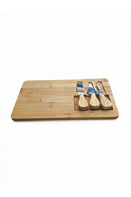 Doğal Bambu Bıçaklı Peynir Servis Sunum Tabağı Kahvaltı Sunum Tahtası Seti 4 Parça 30x17 Cm