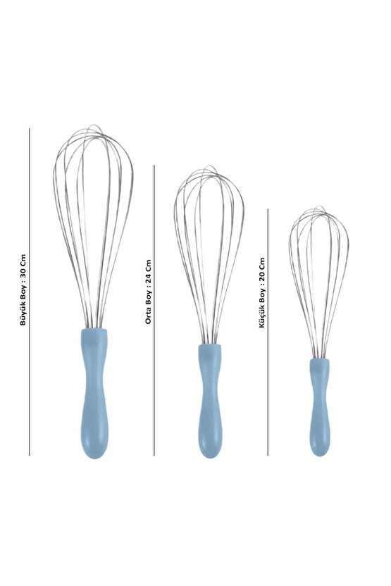 Paslanmaz Çelik Mavi Plastik Saplı El Çırpıcısı (Blender) 3lü Set