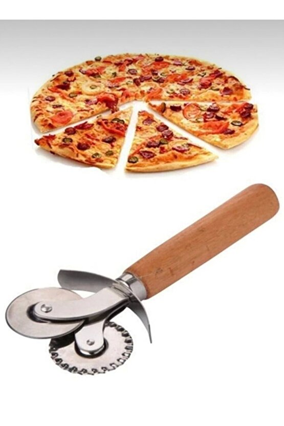 Paslanmaz Çelik Çift Başlı Ahşap Saplı Pizza ve Hamur Kesici