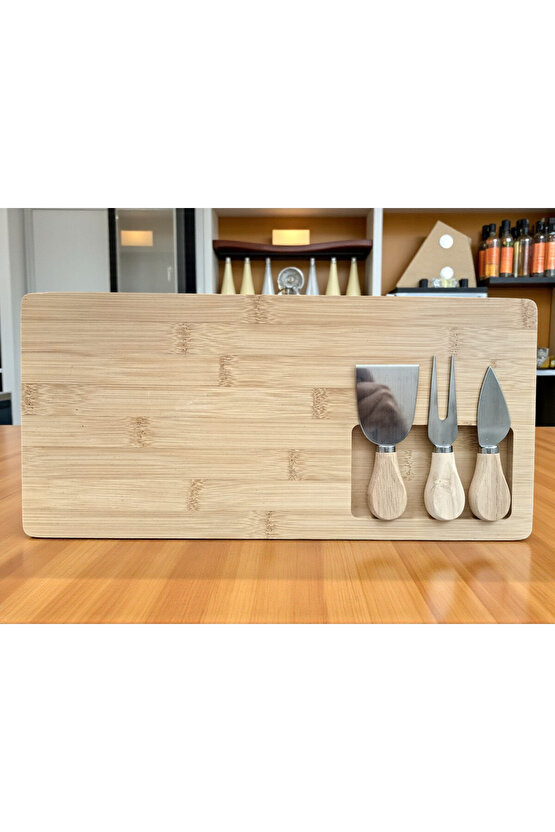 Doğal Bambu Bıçaklı Peynir Servis Sunum Tabağı Kahvaltı Sunum Tahtası Seti 4 Parça 38x18 Cm