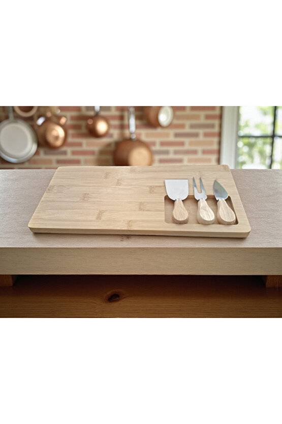 Doğal Bambu Bıçaklı Peynir Servis Sunum Tabağı Kahvaltı Sunum Tahtası Seti 4 Parça 38x18 Cm