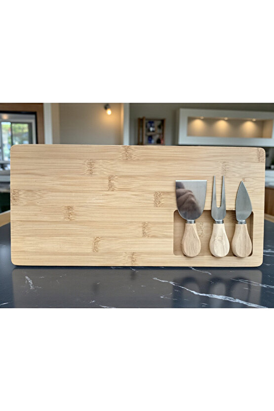 Doğal Bambu Bıçaklı Peynir Servis Sunum Tabağı Kahvaltı Sunum Tahtası Seti 4 Parça 38x18 Cm