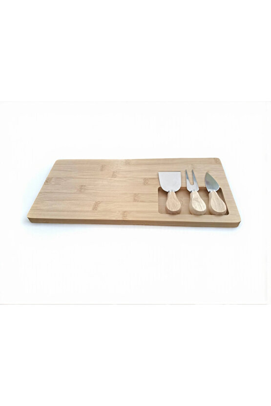 Doğal Bambu Bıçaklı Peynir Servis Sunum Tabağı Kahvaltı Sunum Tahtası Seti 4 Parça 38x18 Cm