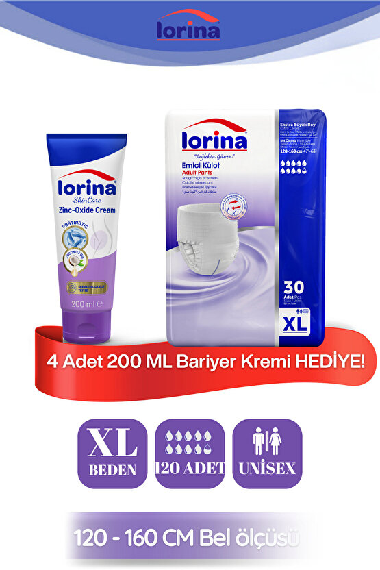 Emici Külot Hasta Bezi Xlarge 120 Adet - 200 ML Bariyer Kremi Hediyeli