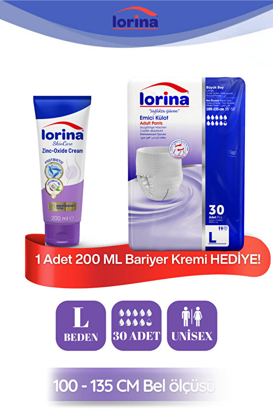 Emici Külot Hasta Bezi Large 30 Adet - 200 ML Bariyer Kremi Hediyeli