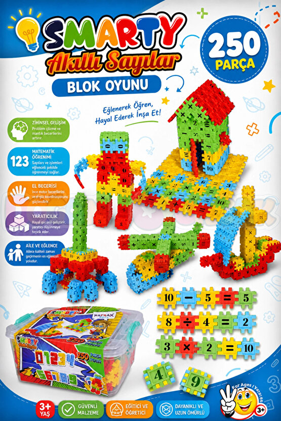 Smarty - Akıllı Sayılar Blok Oyunu 250 Parça - Oyuncak Lego Seti - Birbirine Geçmeli STEM Lego Seti