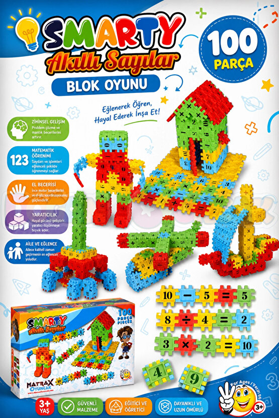 Smarty - Akıllı Sayılar Blok Oyunu 100 Parça - Oyuncak Lego Seti - Birbirine Geçmeli STEM Lego Seti