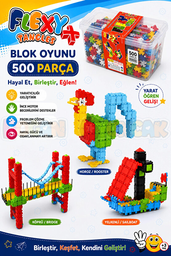 Flexy Tangles Blok Oyunu 500 Parça - Oyuncak Lego Seti - Birbirine Geçmeli STEM Lego Seti - Eğitici