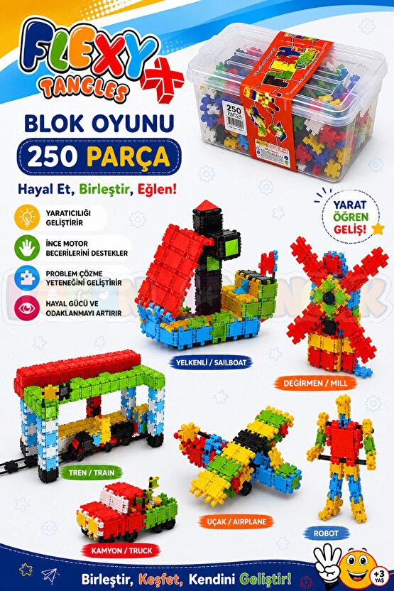 Flexy Tangles Blok Oyunu 250 Parça - Oyuncak Lego Seti - Birbirine Geçmeli STEM Lego Seti - Eğitici