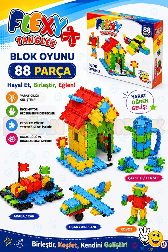 Flexy Tangles Blok Oyunu 88 Parça - Oyuncak Lego Seti - Birbirine Geçmeli STEM Lego Seti - Eğitici O