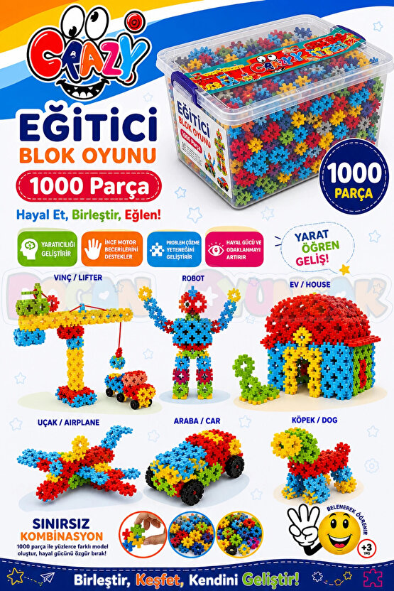 Crazy Eğitici Blok Oyunu 1000 Parça - Oyuncak Lego Seti - Birbirine Geçmeli STEM Lego Seti - Eğitici
