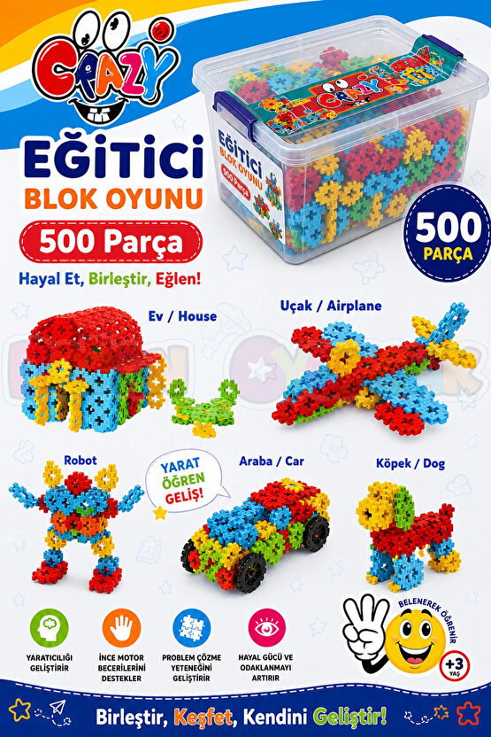 Crazy Eğitici Blok Oyunu 500 Parça - Oyuncak Lego Seti - Birbirine Geçmeli STEM Lego Seti - Eğitici