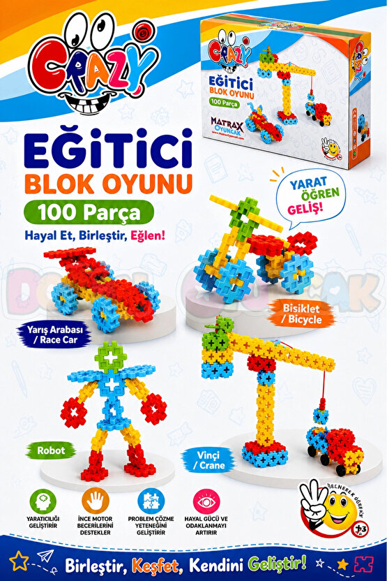 Crazy Eğitici Blok Oyunu 100 Parça - Oyuncak Lego Seti - Birbirine Geçmeli STEM Lego Seti - Eğitici