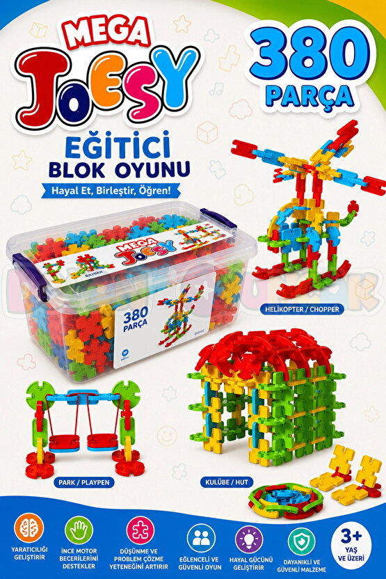 Mega Joesy Eğitici Blok Oyunu 380 Parça - Oyuncak Lego Seti - Birbirine Geçmeli STEM Lego Seti - Eği