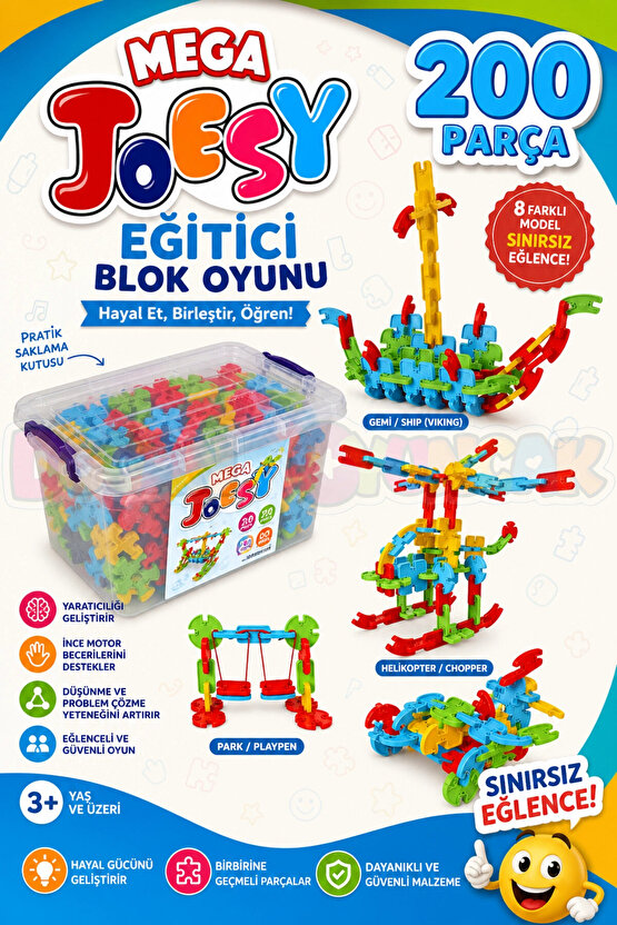 Mega Joesy Eğitici Blok Oyunu 200 Parça - Oyuncak Lego Seti - Birbirine Geçmeli STEM Lego Seti - Eği