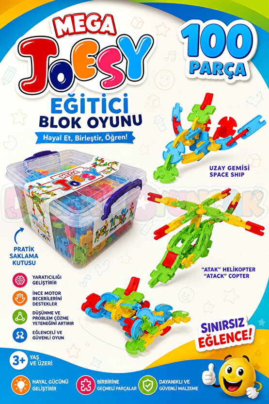 Mega Joesy Eğitici Blok Oyunu 100 Parça - Oyuncak Lego Seti - Birbirine Geçmeli STEM Lego Seti - Eği
