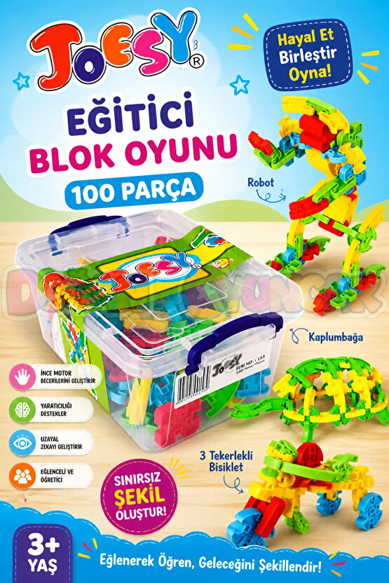 Joesy Eğitici Blok Oyunu 100 Parça - Oyuncak Lego Seti - Birbirine Geçmeli STEM Lego Seti - Eğitici