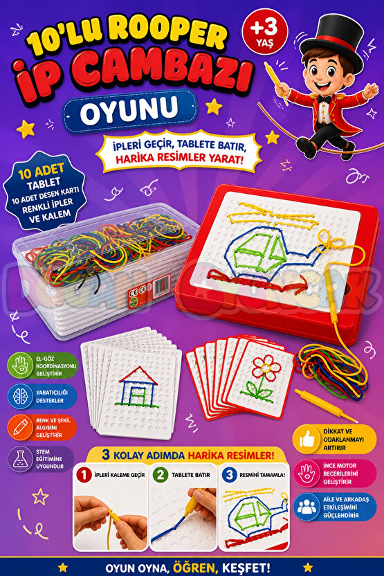 10lu Rooper İp Cambazı Oyunu - Oyuncak İp Geçirme - Resim Oyunu Rooper Oyunu - Anaokulu Oyuncak