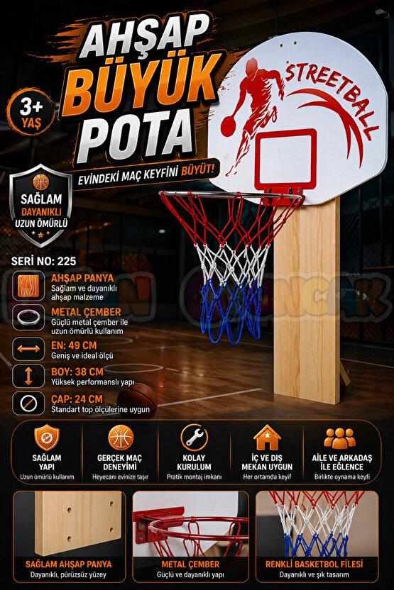 Ahşap Büyük Pota - Basketbol Maçı - Basketbol Oyuncak - Basket Oyunu - Büyük Pota Seti - Pota Oyunca