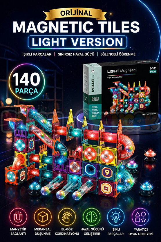 Orijinal Magnetic Tiles Light Version 140 Parça Işıklı Manyetik Lego - Magnetic Magical Işıklı Magne