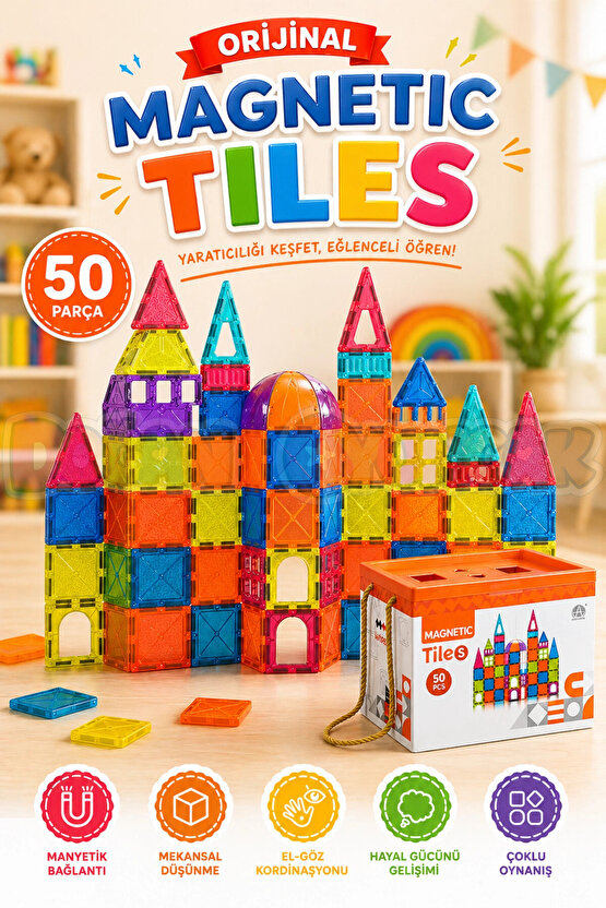 Orijinal Magnetic Tiles 50 Parça Manyetik Lego - Magnetic Magical Magnet - Mıknatıslı Lego